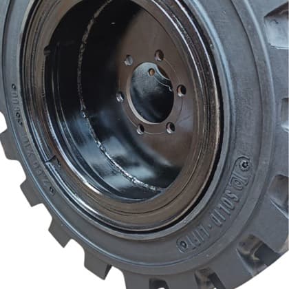Solid forklift tyre mounted on steel wheel rim — SOLID-LIFT cushion tyre and rim assembly
